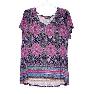 Tahari Tunic Tee Shirt Women 2X Blue Pink V Neck Boho Artsy Stretch Festival